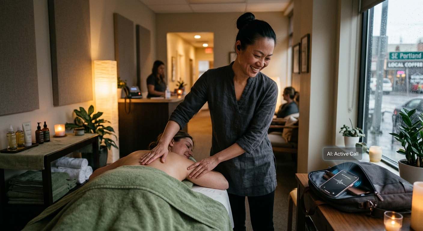 A therapist continuing a massage while the AI receptionist takes the call